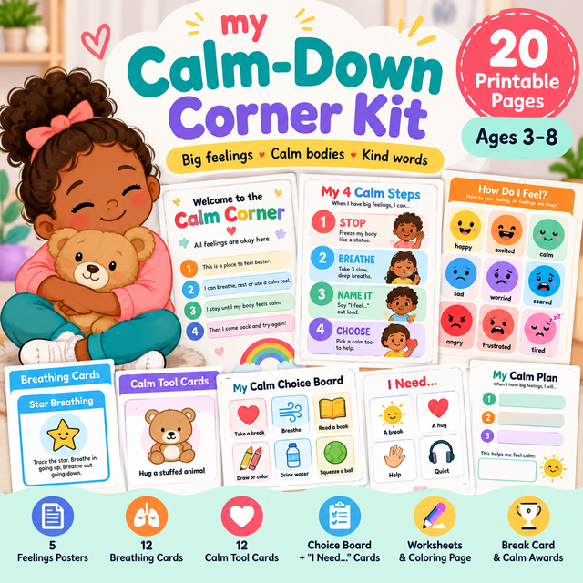 Calm-Down Corner Kit for Kids Ages 3–8 | Printable Feelings & Breathin ...