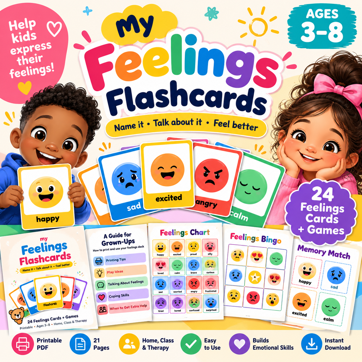 Feelings Flashcards for Kids Ages 3–8 | Printable Emotion Cards & Game ...